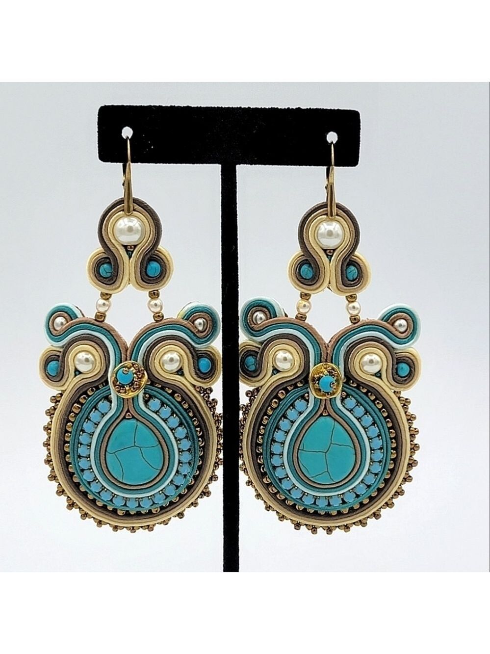 Earrings Turquoise & Cream Soutache #2076